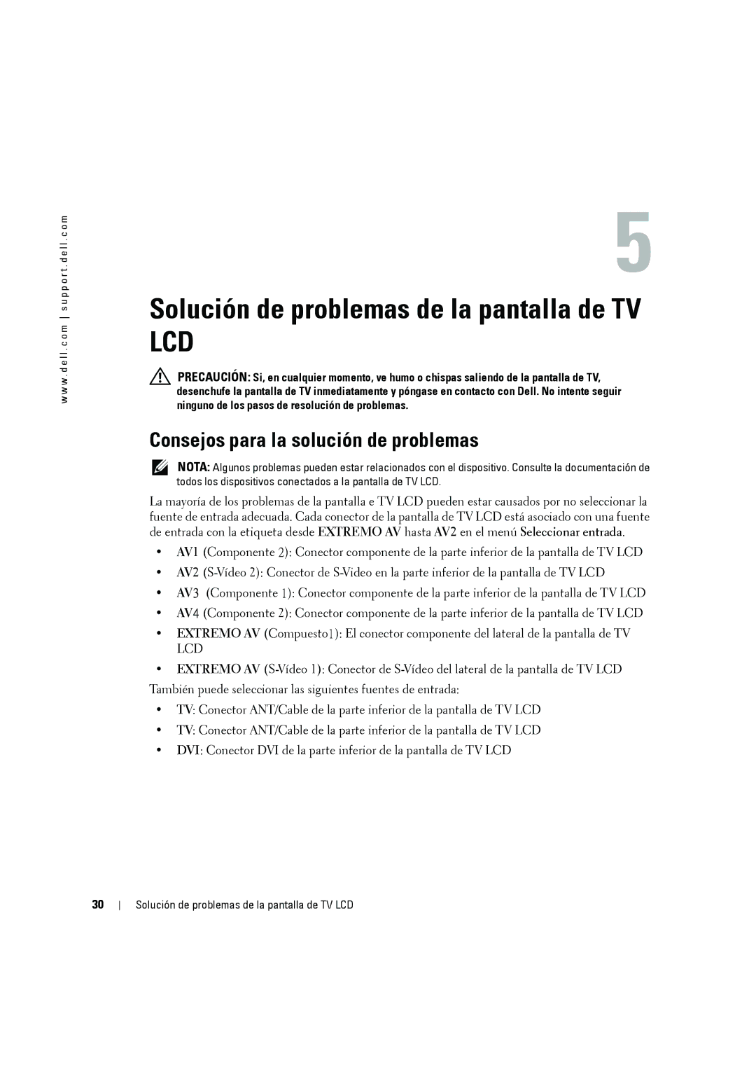 Dell W2606C owner manual Solución de problemas de la pantalla de TV LCD, Consejos para la solución de problemas 