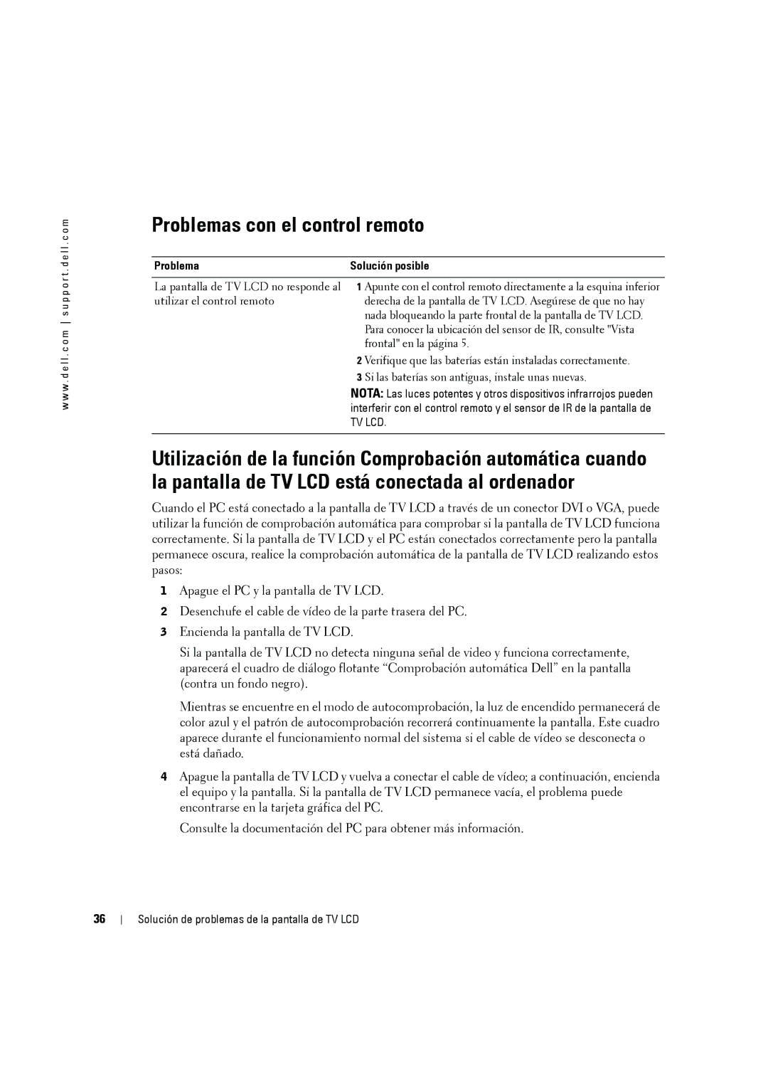 Dell W2606C owner manual Problemas con el control remoto 