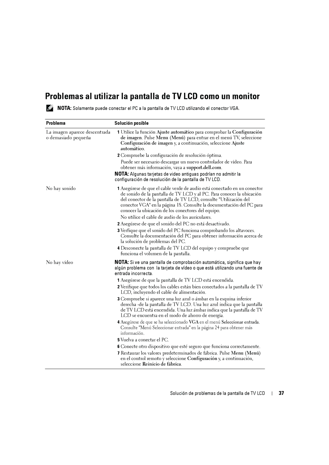 Dell W2606C owner manual Problemas al utilizar la pantalla de TV LCD como un monitor, ProblemaSolución posible, Automático 