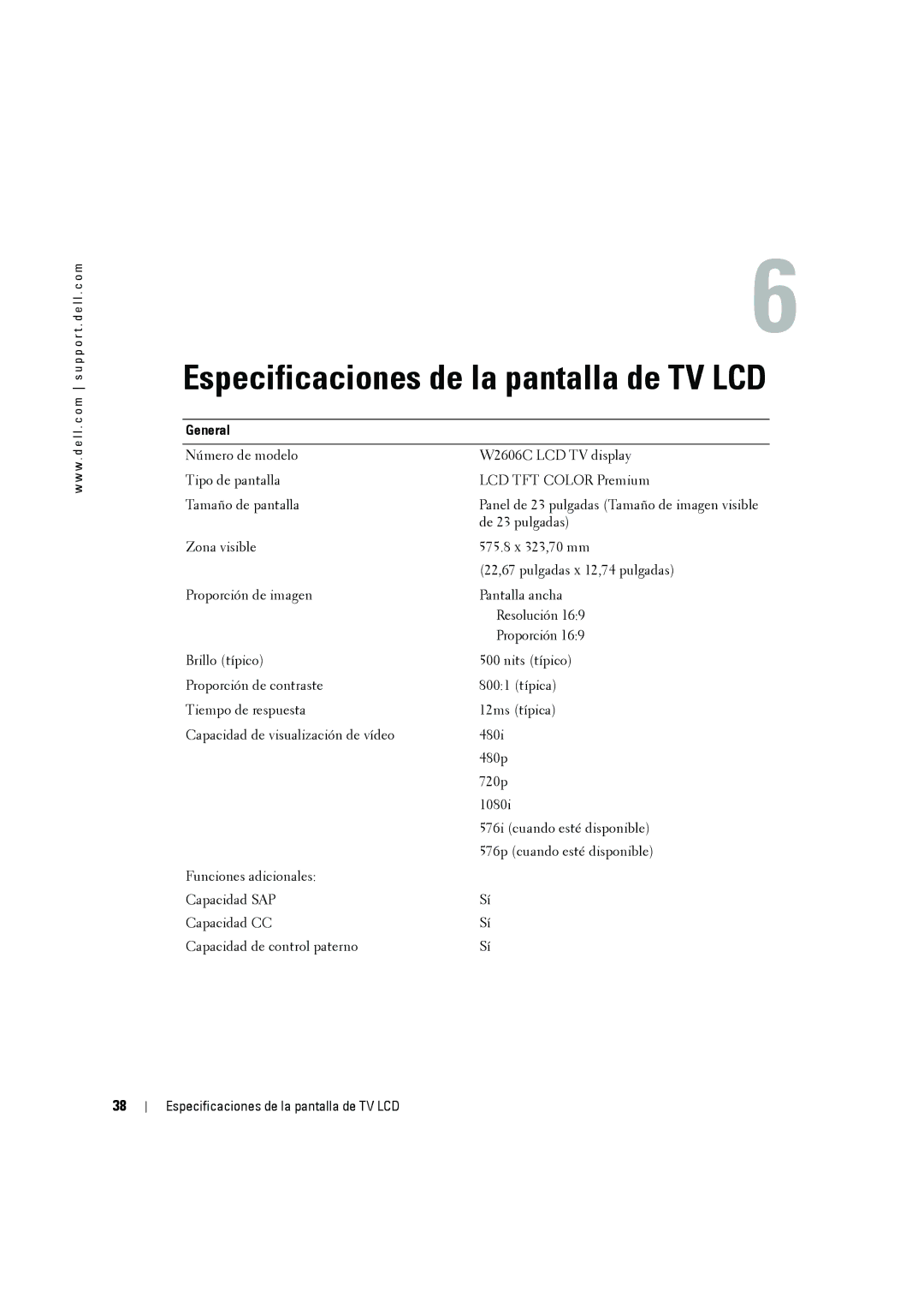 Dell W2606C owner manual Especificaciones de la pantalla de TV LCD, General 