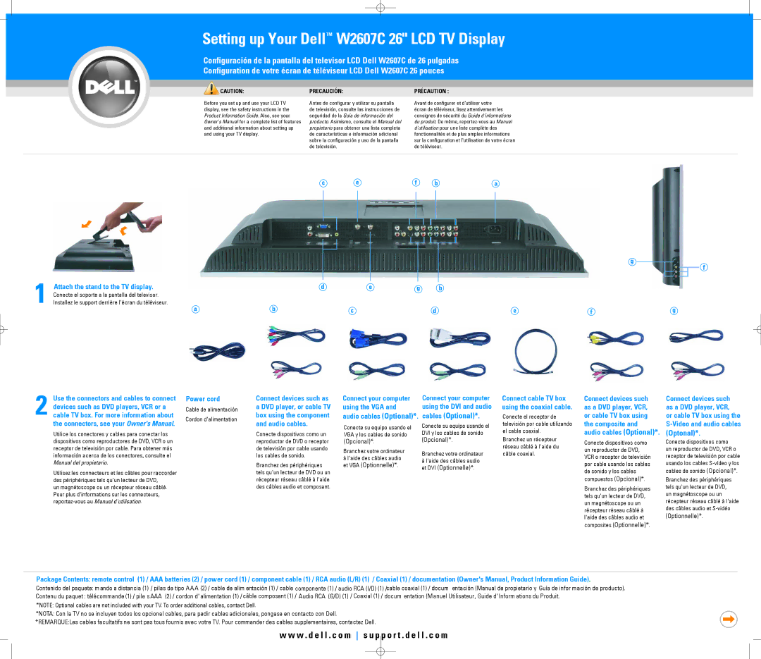 Dell W2607C owner manual Attach the stand to the TV display, Power cord, Using the VGA 