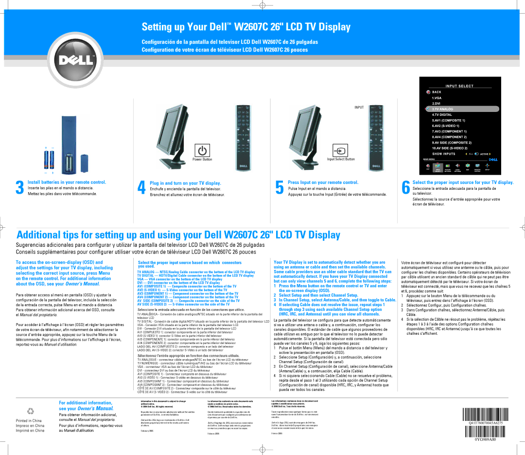 Dell W2607C owner manual Install batteries in your remote control, Press Input on your remote control 