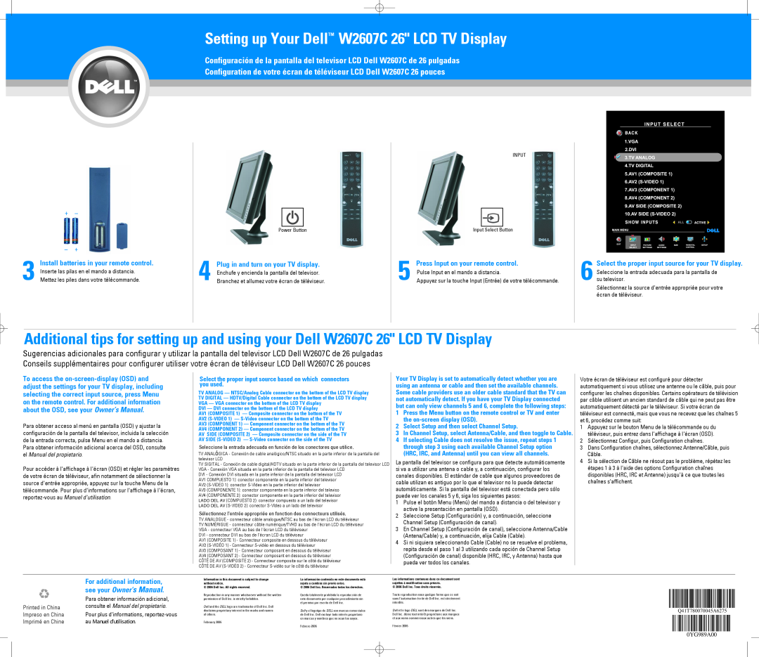 Dell W2607C Install batteries in your remote control, Press Input on your remote control, el Manual del propietario 