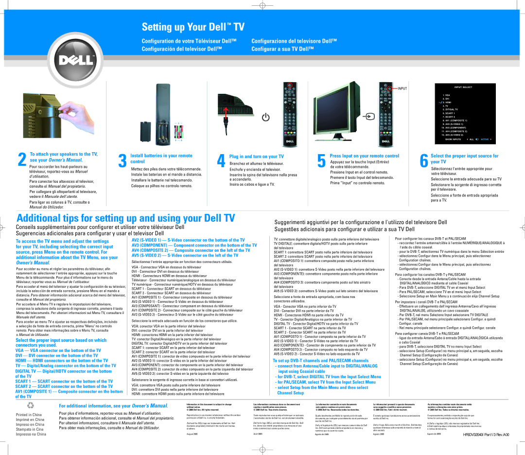 Dell W3202MC owner manual To attach your speakers to the TV, Install batteries in your remote Control 