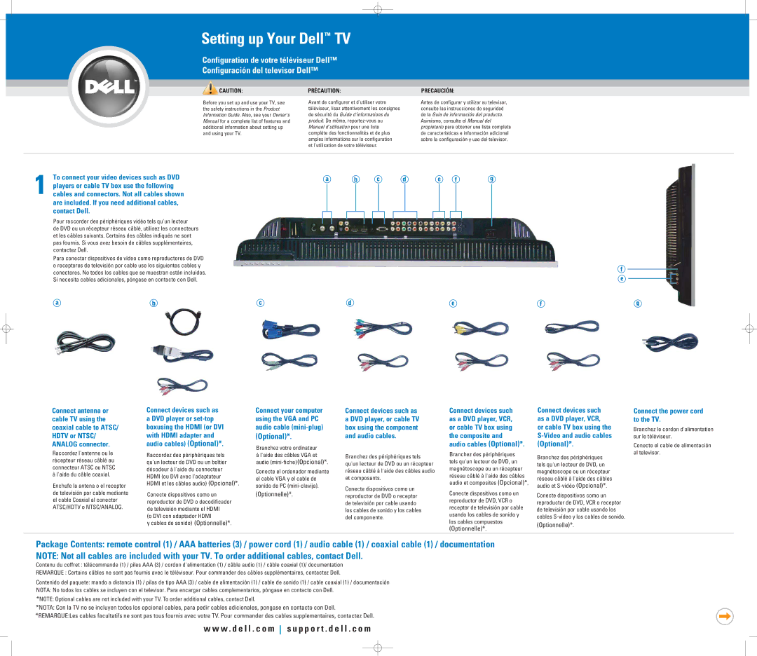 Dell W3706MC owner manual Setting up Your Dell TV, Précaution, Precaución 