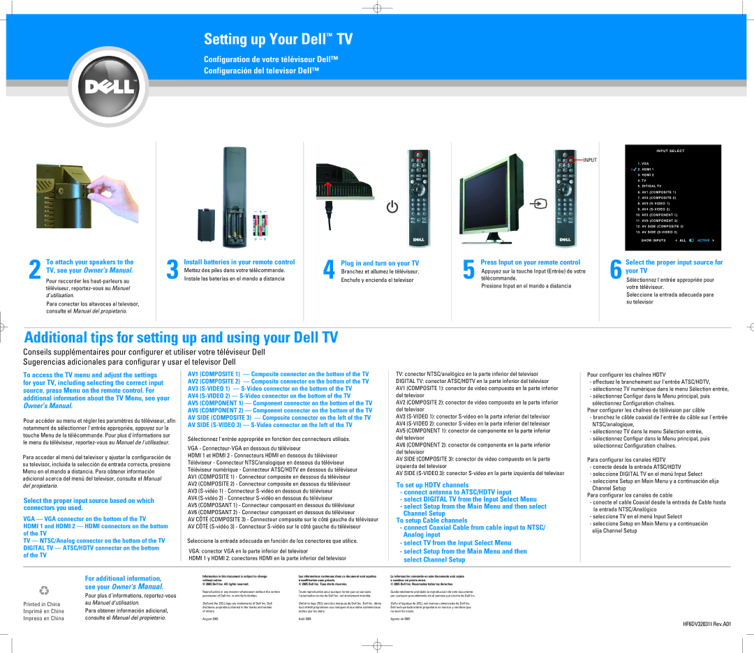 Dell W3706MC owner manual Setting up Your DellTM TV, To attach your speakers to, Select the proper input source for your TV 