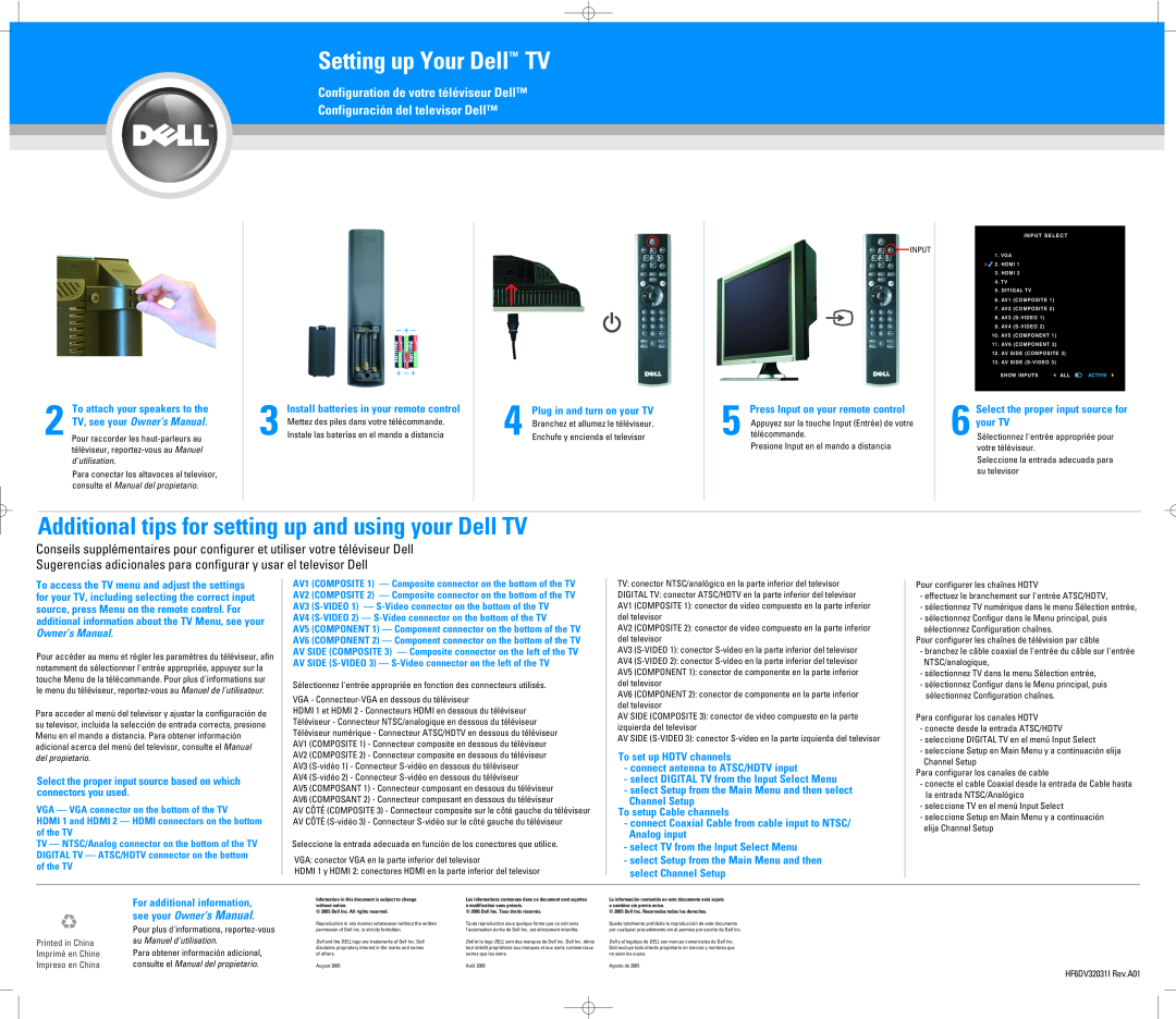Dell W3706MC owner manual Setting up Your DellTM TV, Additional tips for setting up and using your Dell TV, Owner’s Manual 