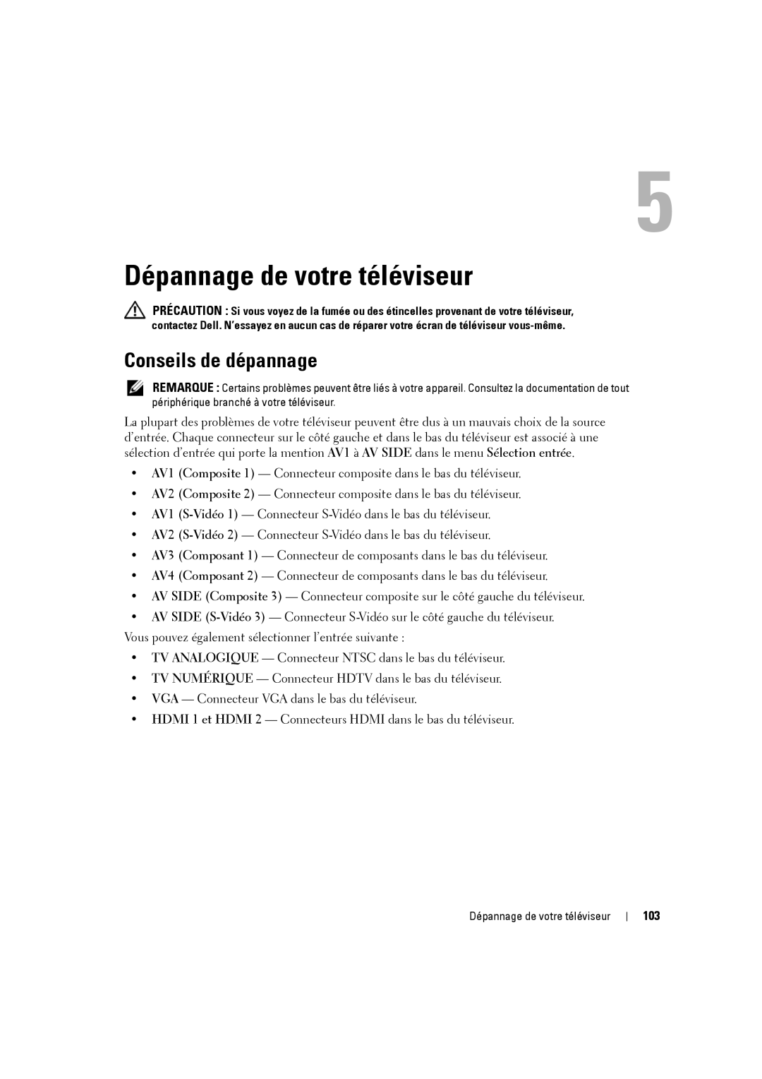 Dell W3707C owner manual Dépannage de votre téléviseur, Conseils de dépannage, 103 