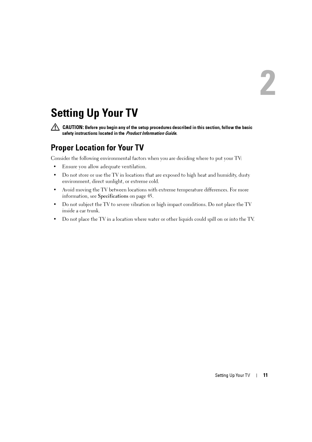 Dell W3707C owner manual Setting Up Your TV, Proper Location for Your TV 