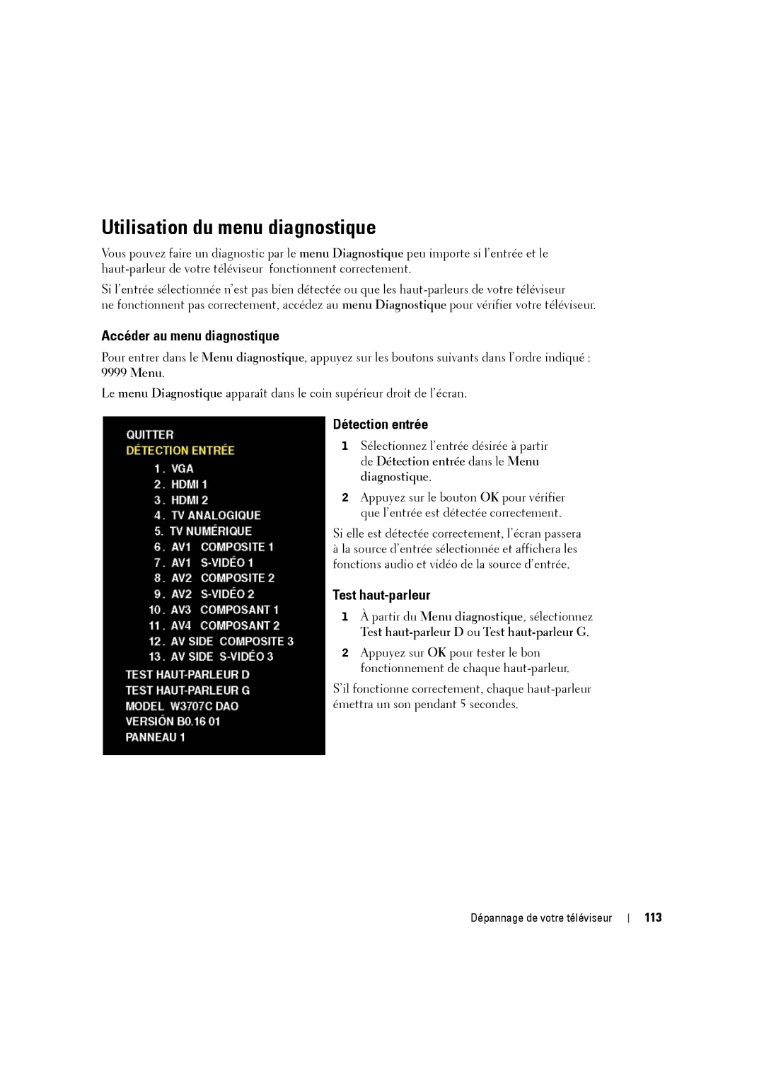 Dell W3707C Utilisation du menu diagnostique, Accéder au menu diagnostique, Détection entrée, Test haut-parleur, 113 