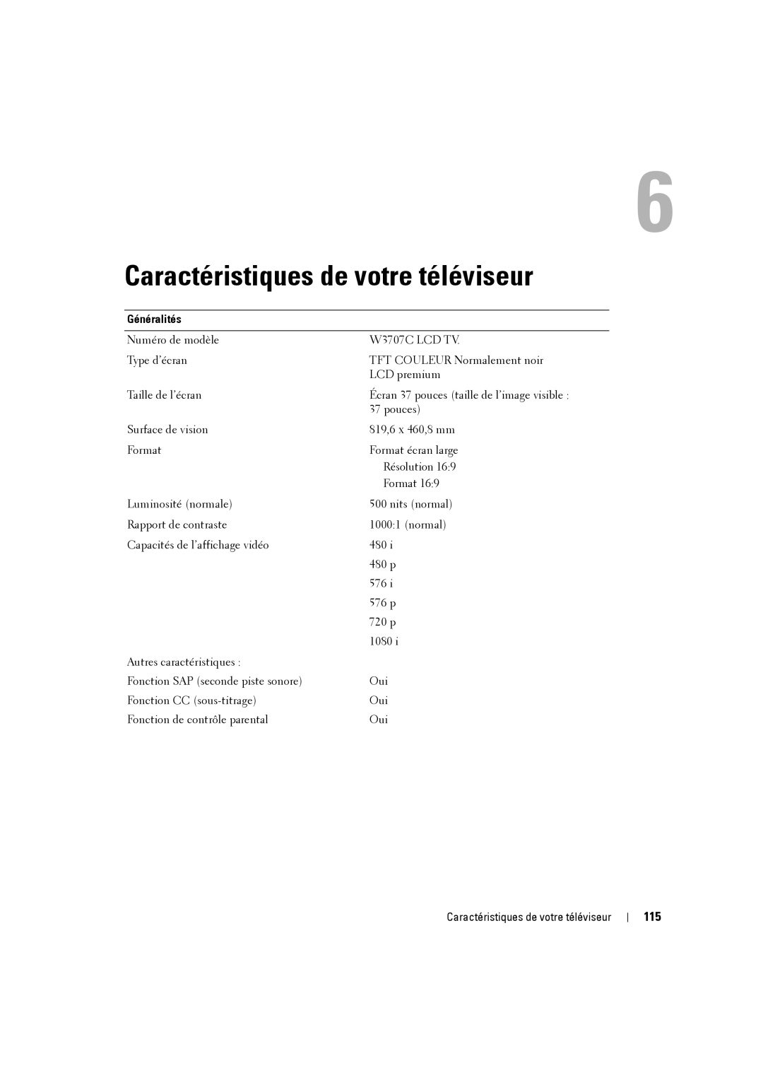 Dell W3707C owner manual Caractéristiques de votre téléviseur, 115, Généralités, Pouces 