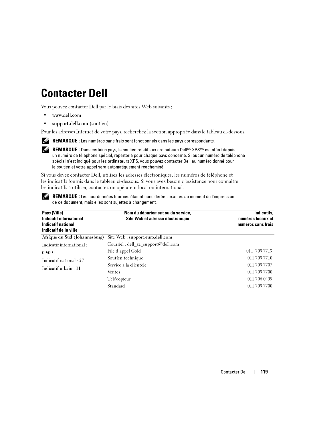 Dell W3707C Contacter Dell, 119, Site Web support.euro.dell.com, Indicatif international Courriel dellzasupport@dell.com 