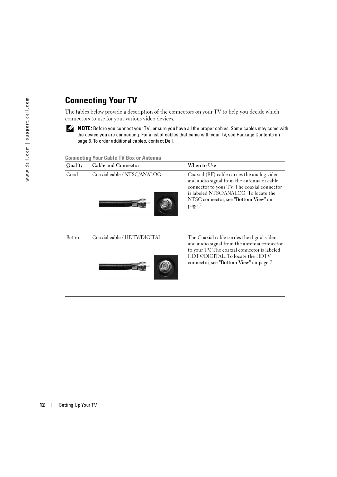 Dell W3707C owner manual Connecting Your TV, Quality Cable and Connector When to Use 