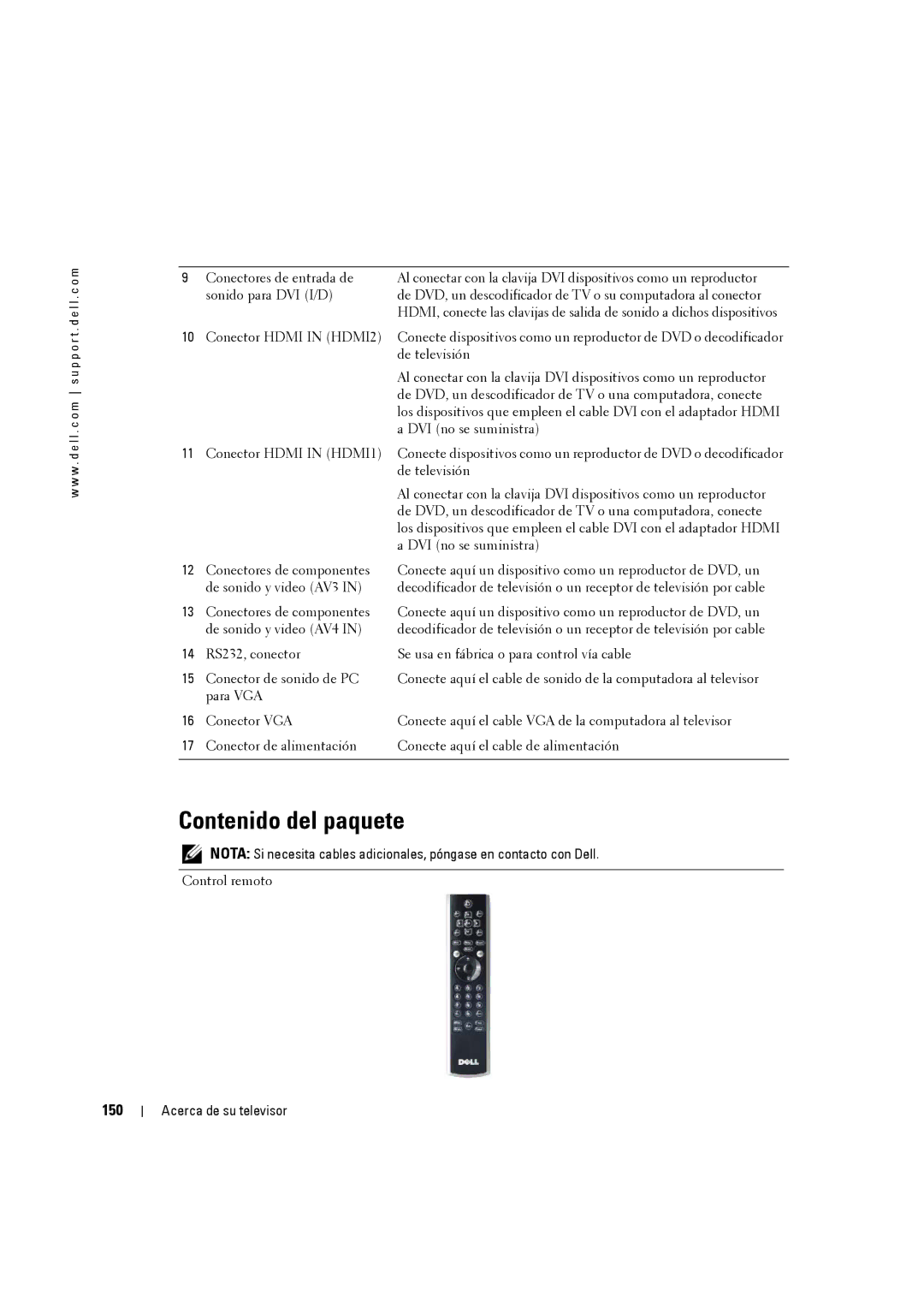 Dell W3707C owner manual Contenido del paquete, 150, Conector Hdmi in HDMI2 Conector Hdmi in HDMI1 