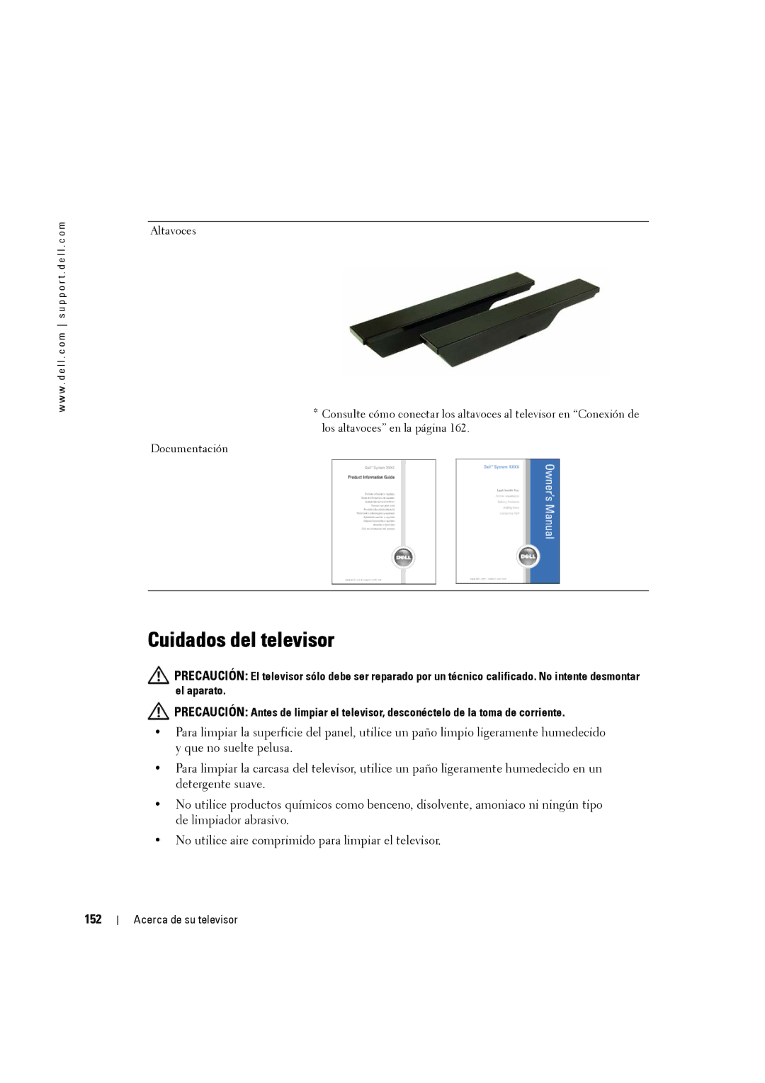 Dell W3707C owner manual Cuidados del televisor, 152 