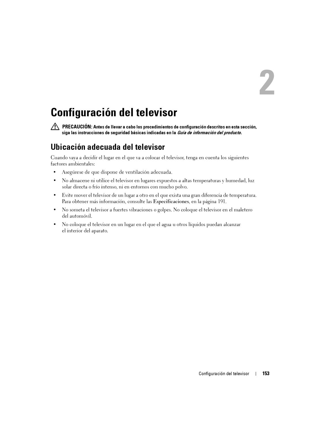 Dell W3707C owner manual Configuración del televisor, Ubicación adecuada del televisor, 153 