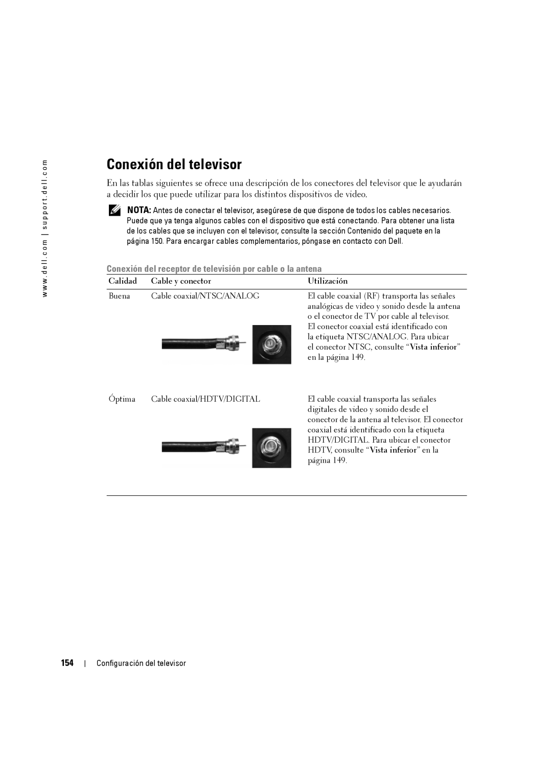 Dell W3707C owner manual Conexión del televisor, 154, Calidad Cable y conector Utilización 