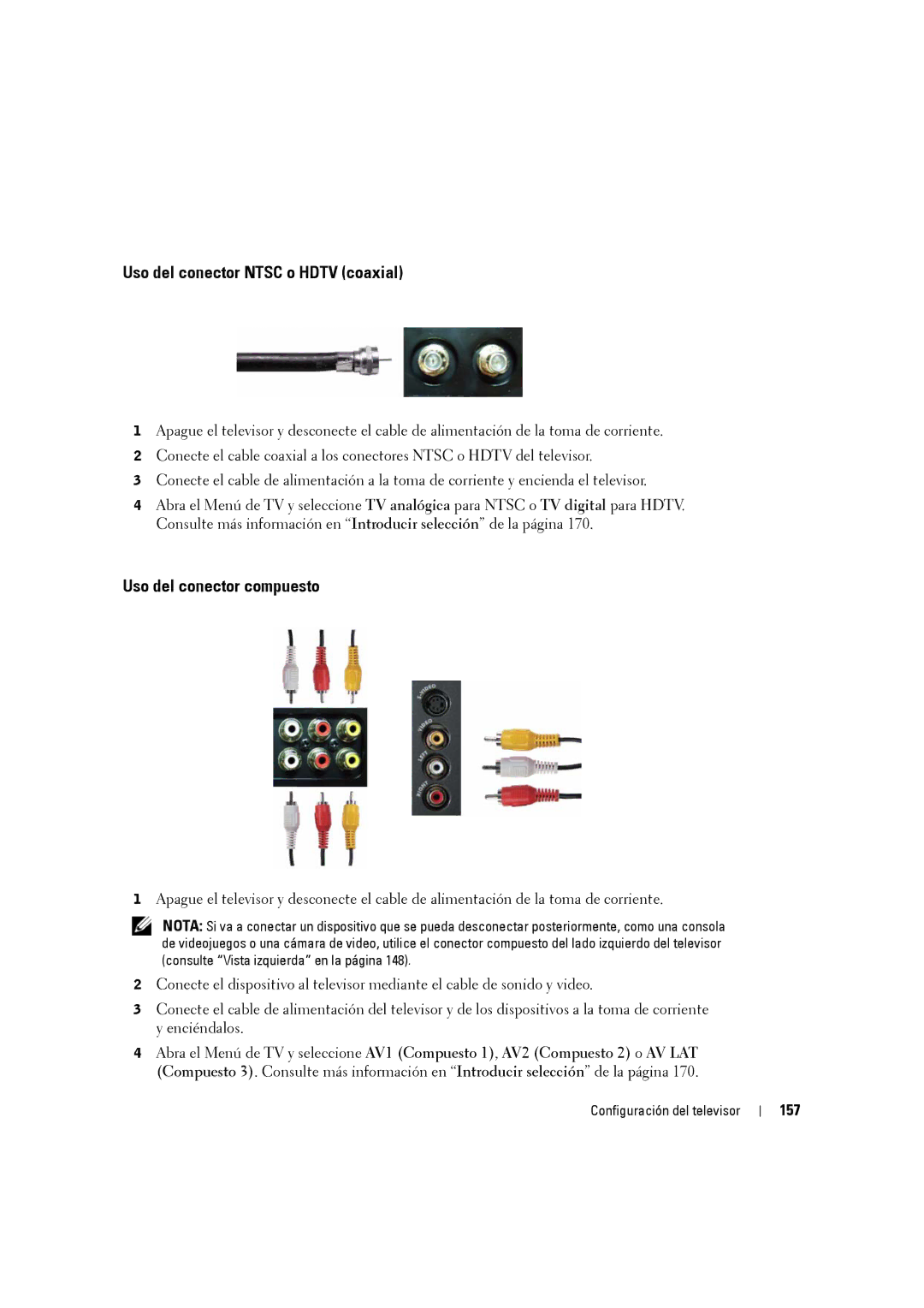 Dell W3707C owner manual Uso del conector Ntsc o Hdtv coaxial, Uso del conector compuesto, 157 