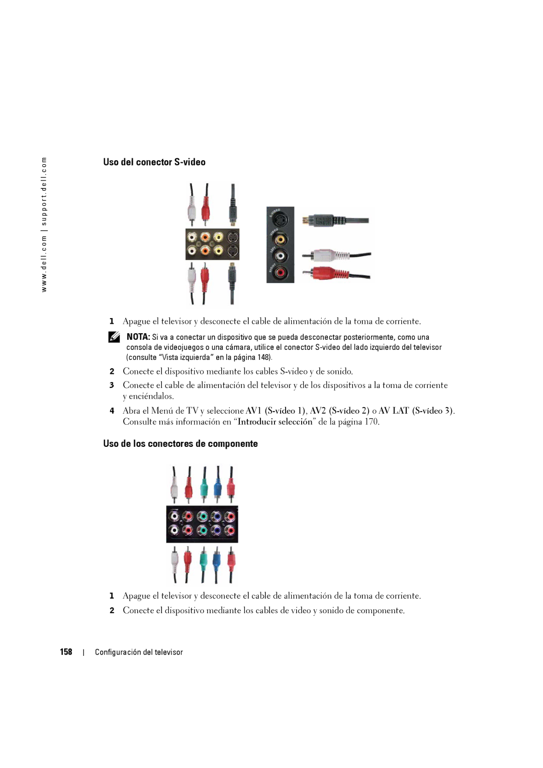 Dell W3707C owner manual Uso del conector S-video, Uso de los conectores de componente, 158 