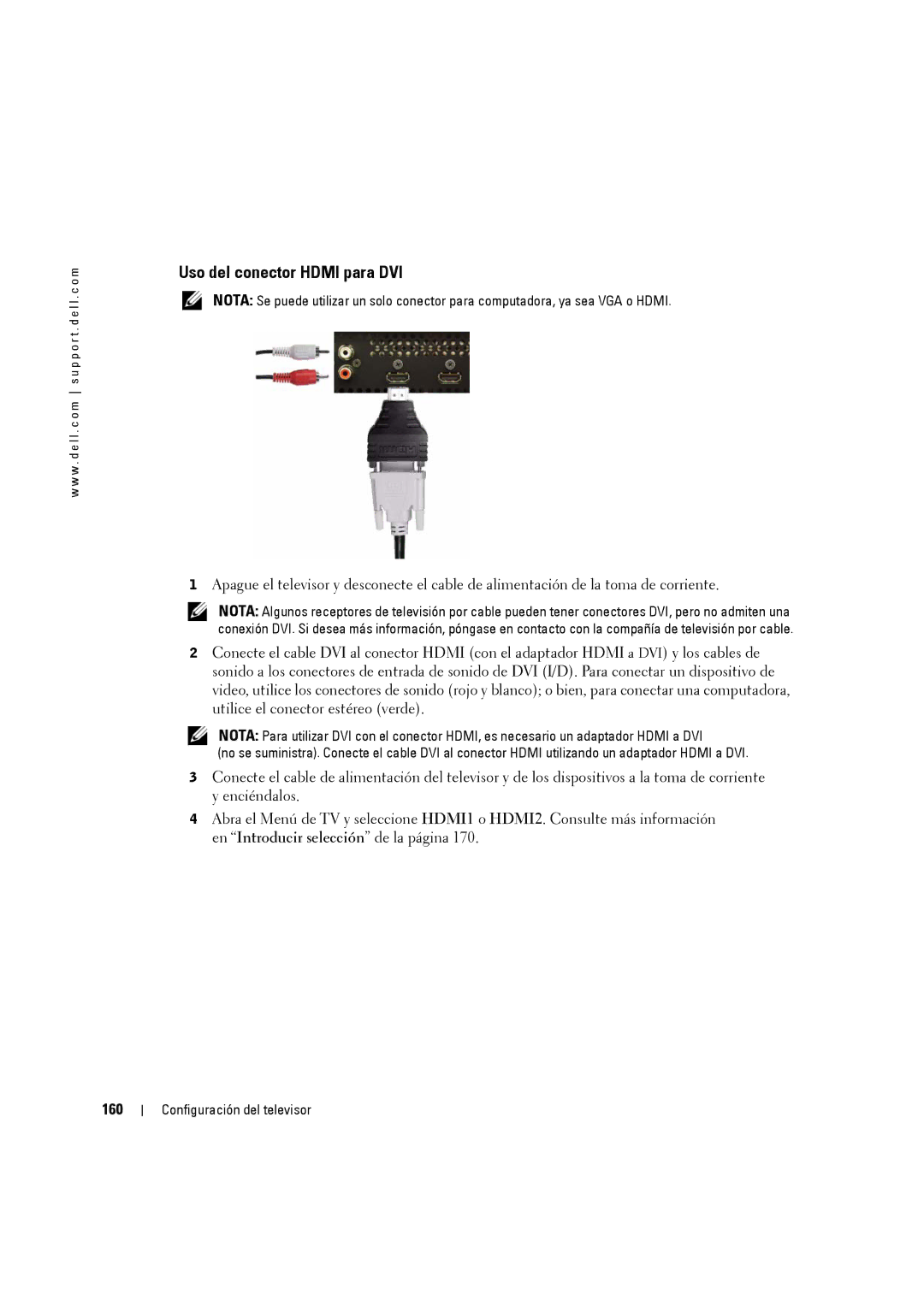 Dell W3707C owner manual Uso del conector Hdmi para DVI, 160 