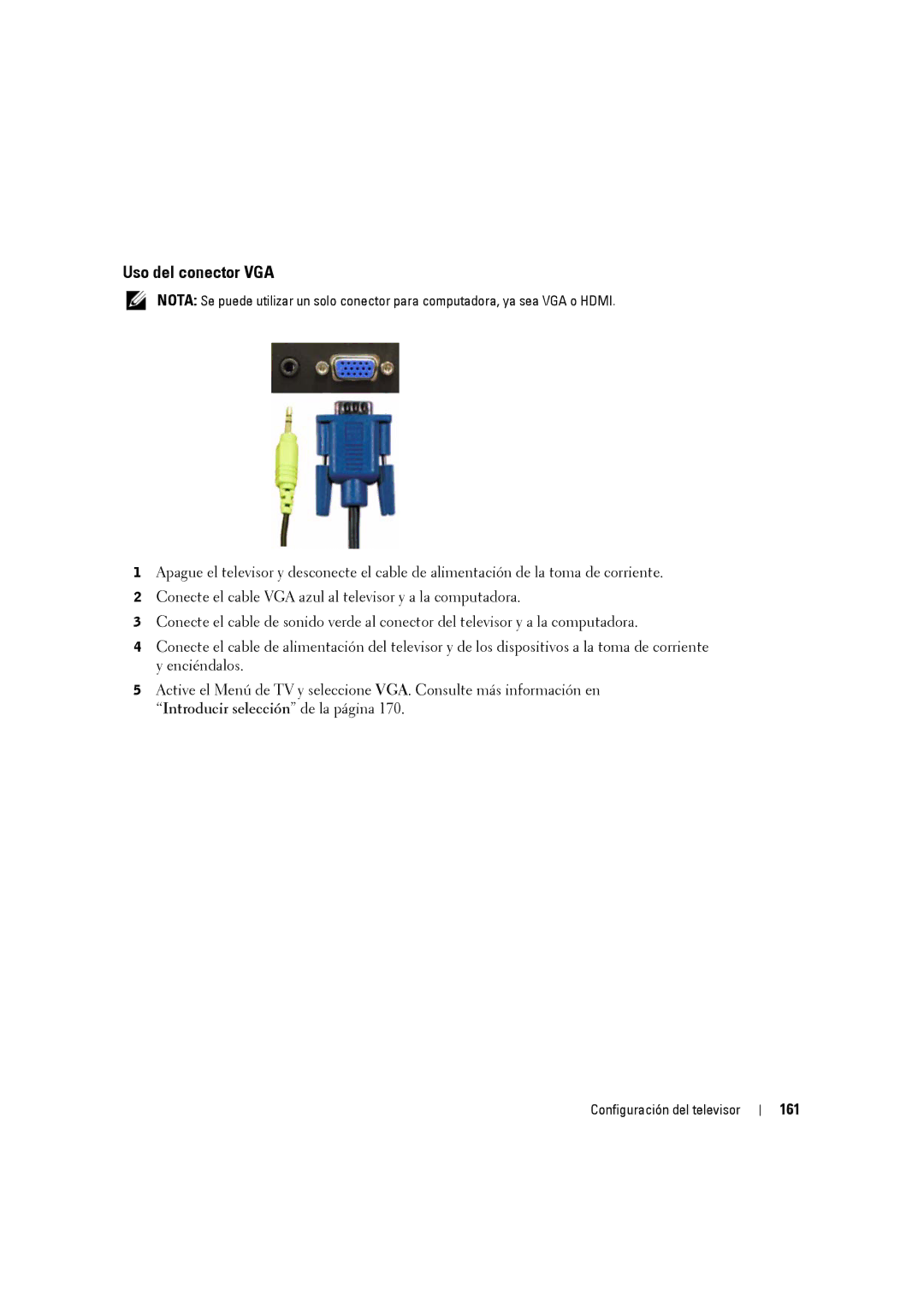 Dell W3707C owner manual Uso del conector VGA, 161 