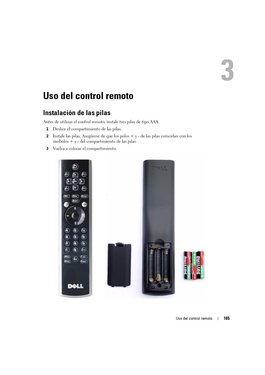 Dell W3707C owner manual Uso del control remoto, Instalación de las pilas, 165 