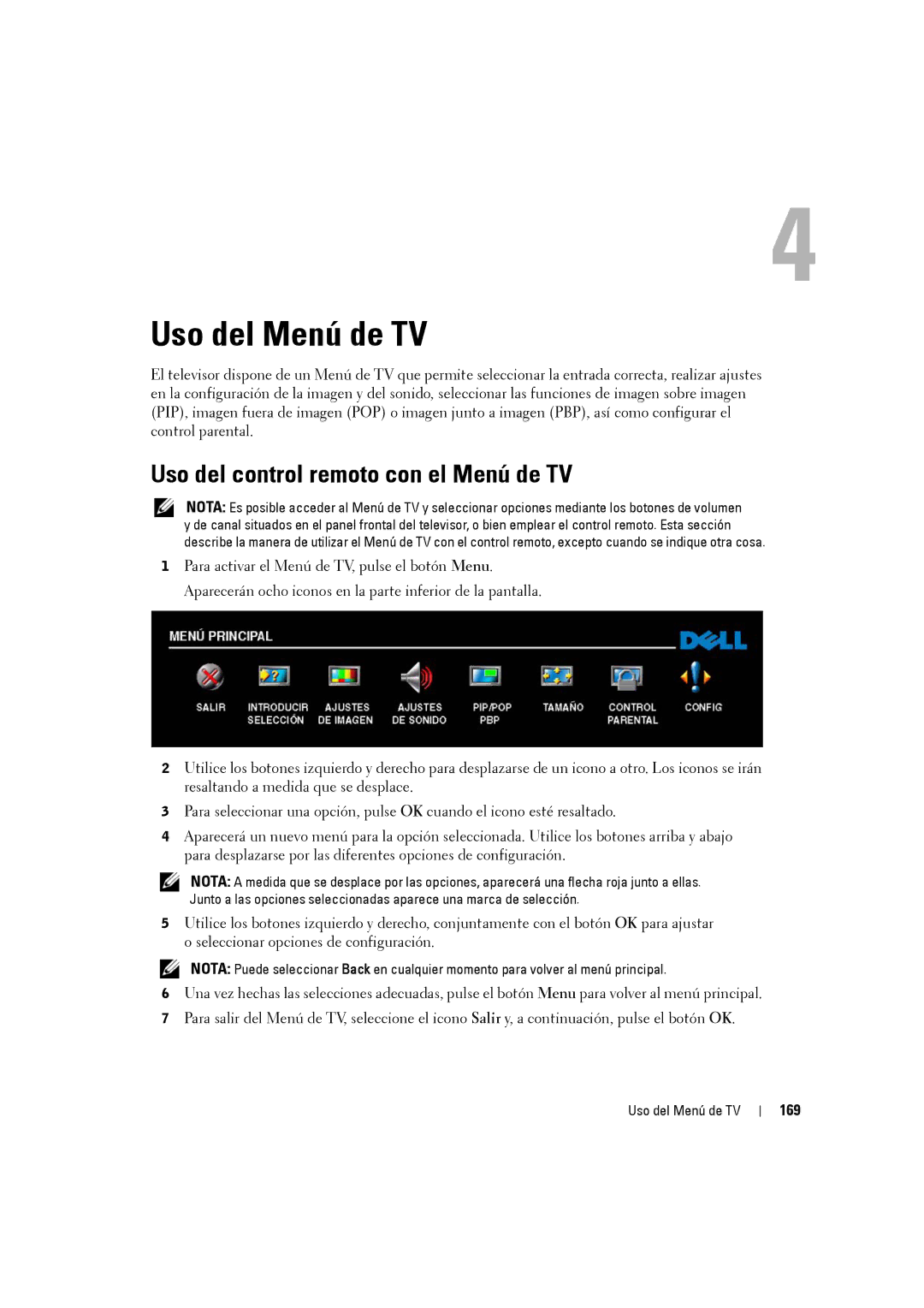 Dell W3707C owner manual Uso del Menú de TV, Uso del control remoto con el Menú de TV, 169 