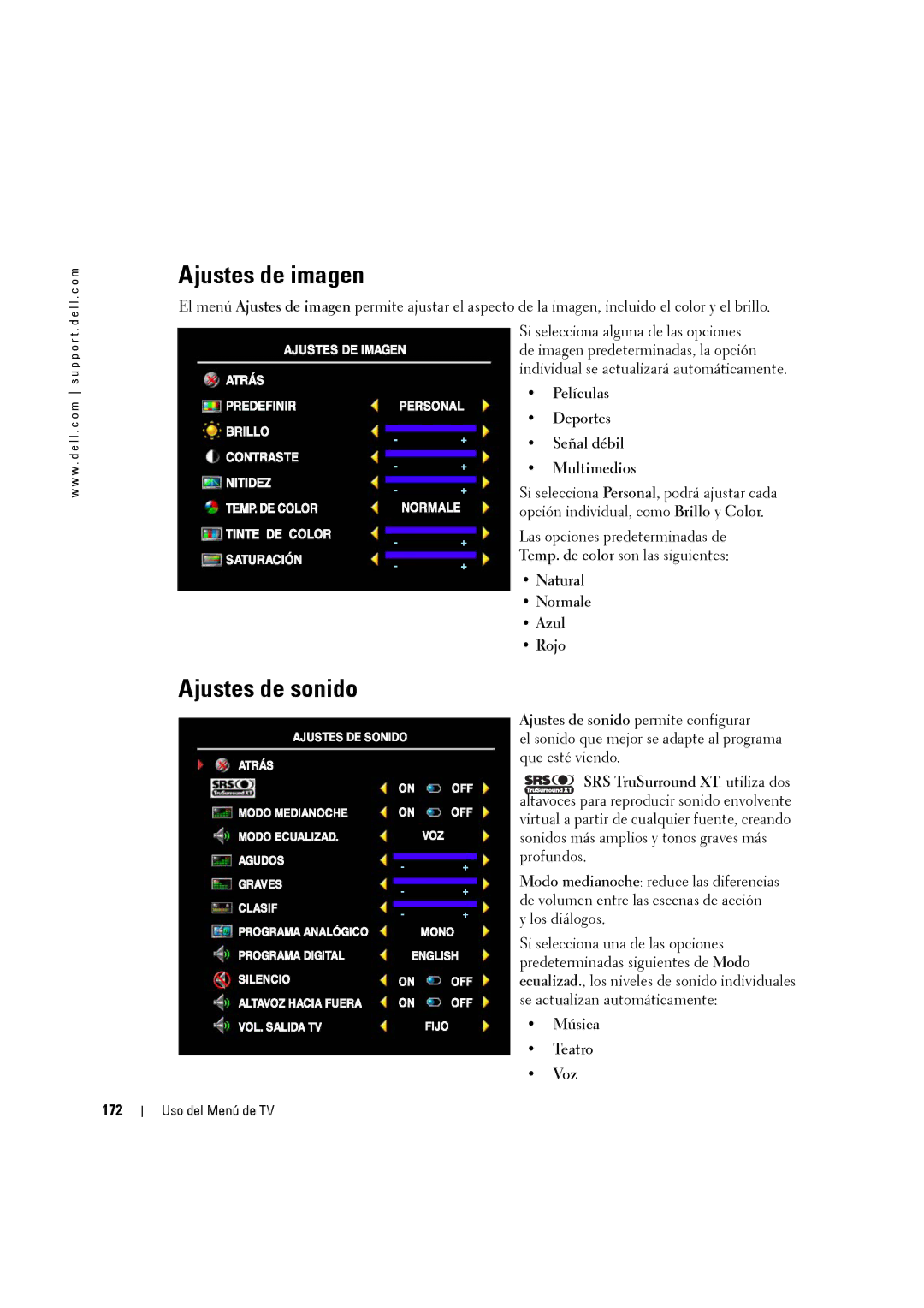 Dell W3707C owner manual Ajustes de imagen, Ajustes de sonido 