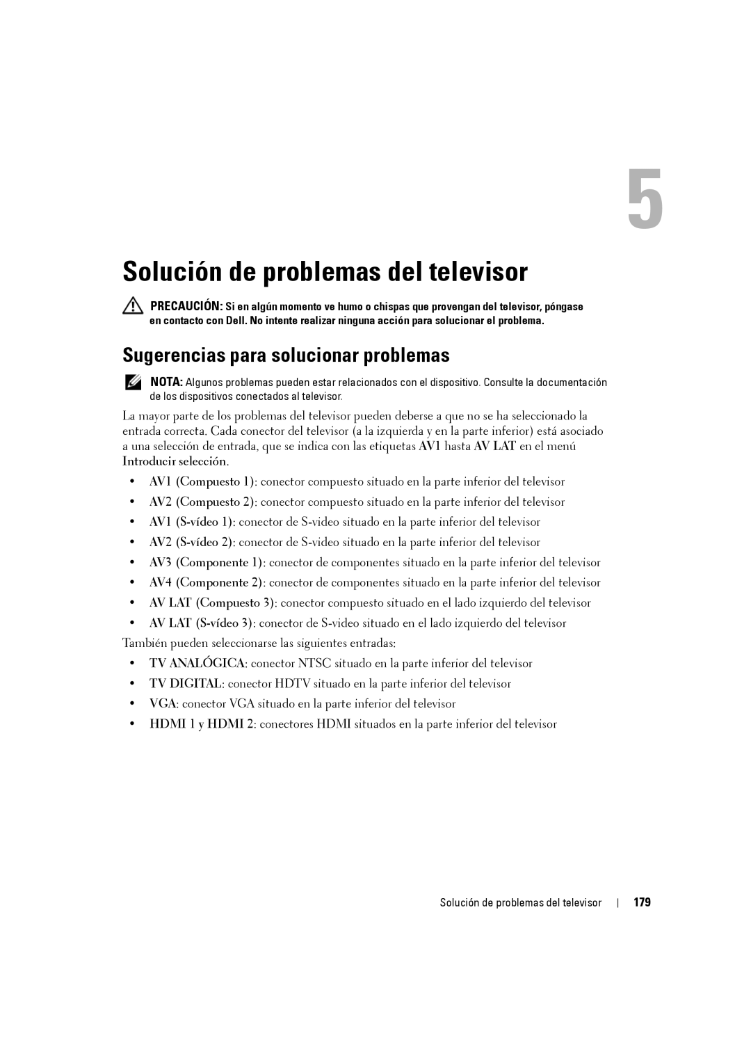 Dell W3707C owner manual Solución de problemas del televisor, Sugerencias para solucionar problemas, 179 