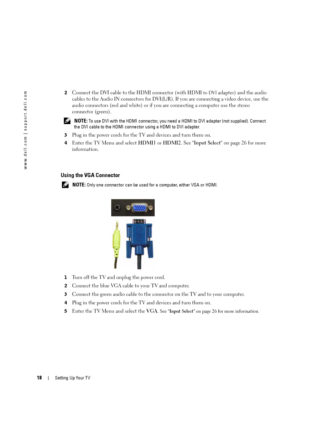 Dell W3707C owner manual Using the VGA Connector 