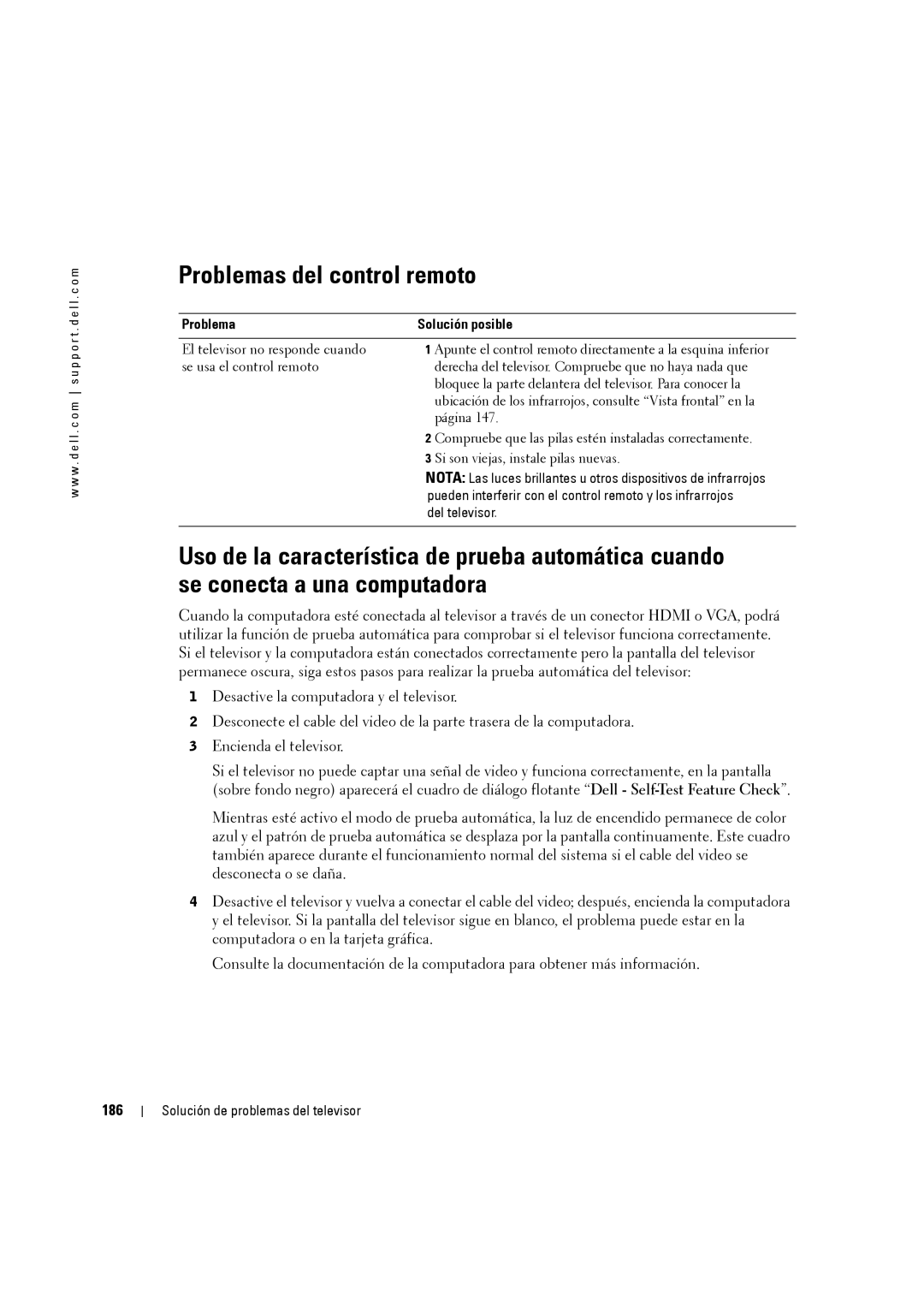 Dell W3707C owner manual Problemas del control remoto, 186 