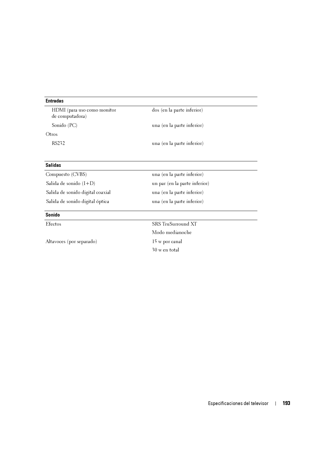 Dell W3707C owner manual 193, Salidas, Sonido, Efectos, Modo medianoche 