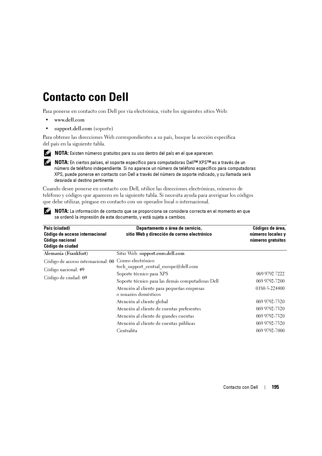 Dell W3707C owner manual Contacto con Dell, 195 