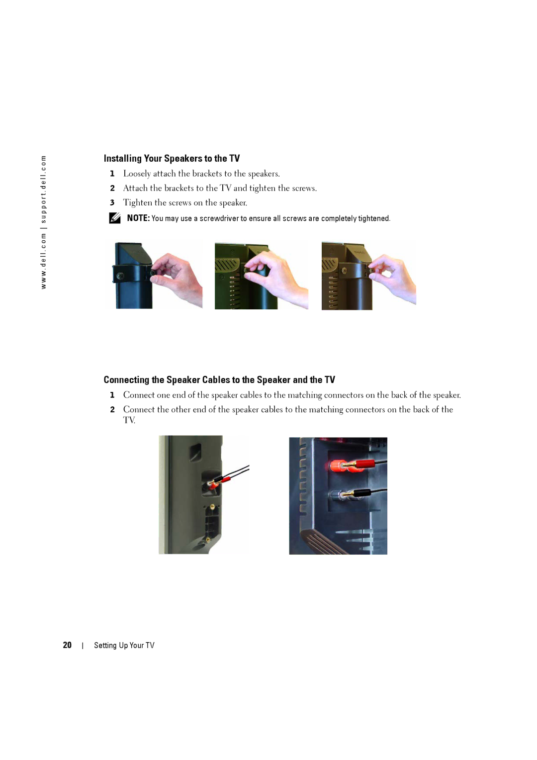 Dell W3707C owner manual Installing Your Speakers to the TV, Connecting the Speaker Cables to the Speaker and the TV 