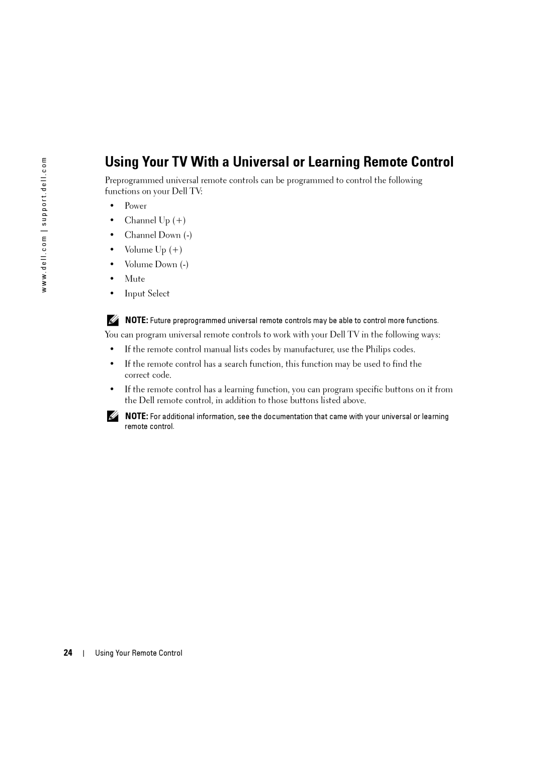 Dell W3707C owner manual Using Your TV With a Universal or Learning Remote Control 