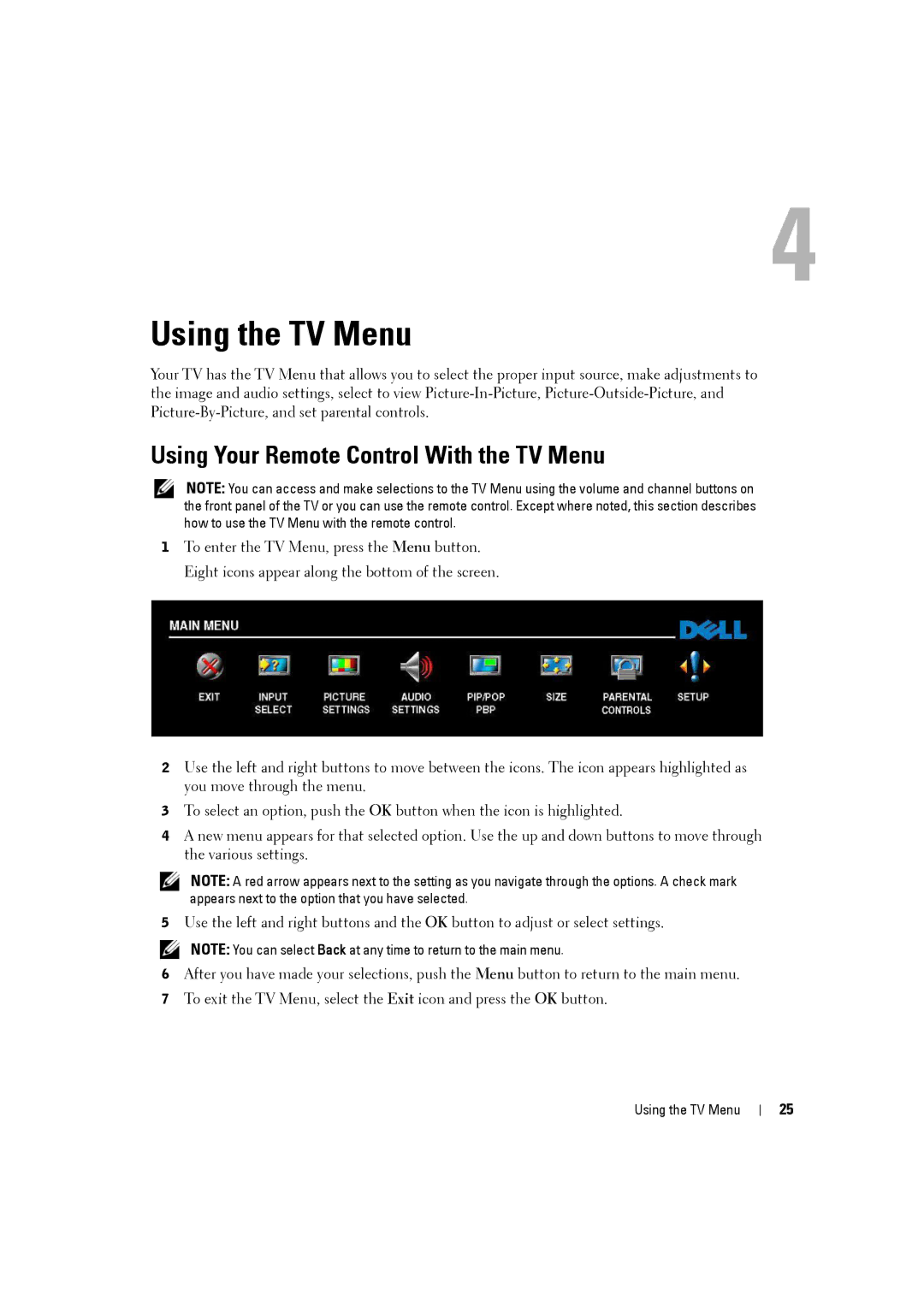 Dell W3707C owner manual Using the TV Menu, Using Your Remote Control With the TV Menu 