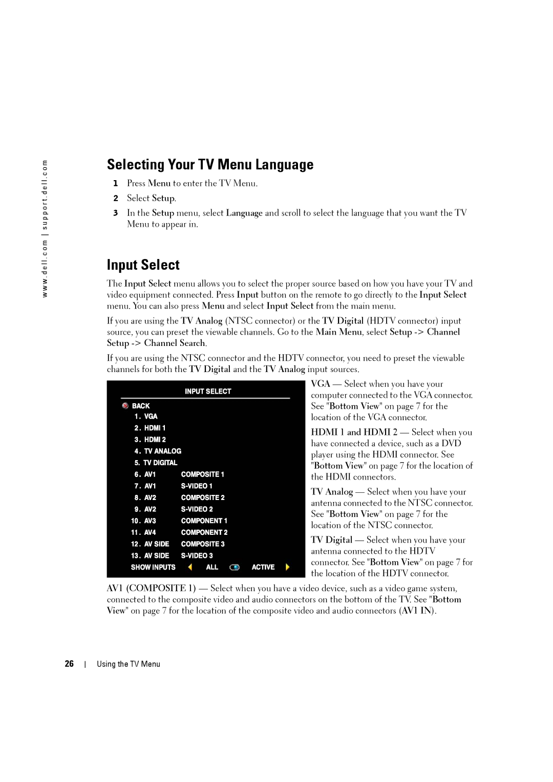 Dell W3707C owner manual Selecting Your TV Menu Language, Input Select, Hdmi 1 and Hdmi 2 Select when you 