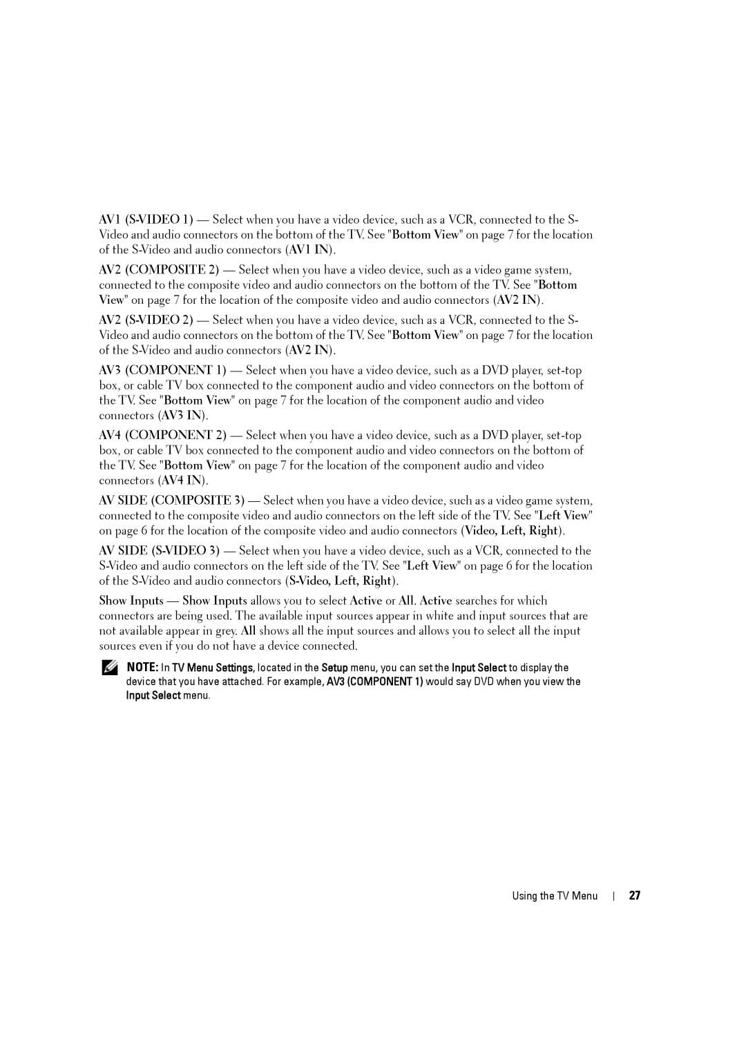 Dell W3707C owner manual Using the TV Menu 