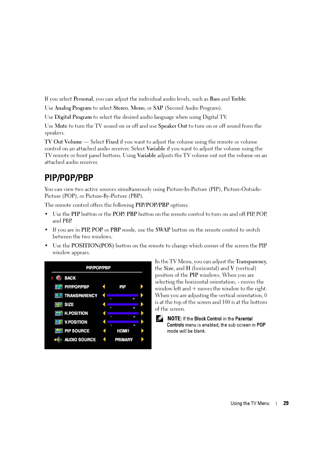 Dell W3707C owner manual Pip/Pop/Pbp 