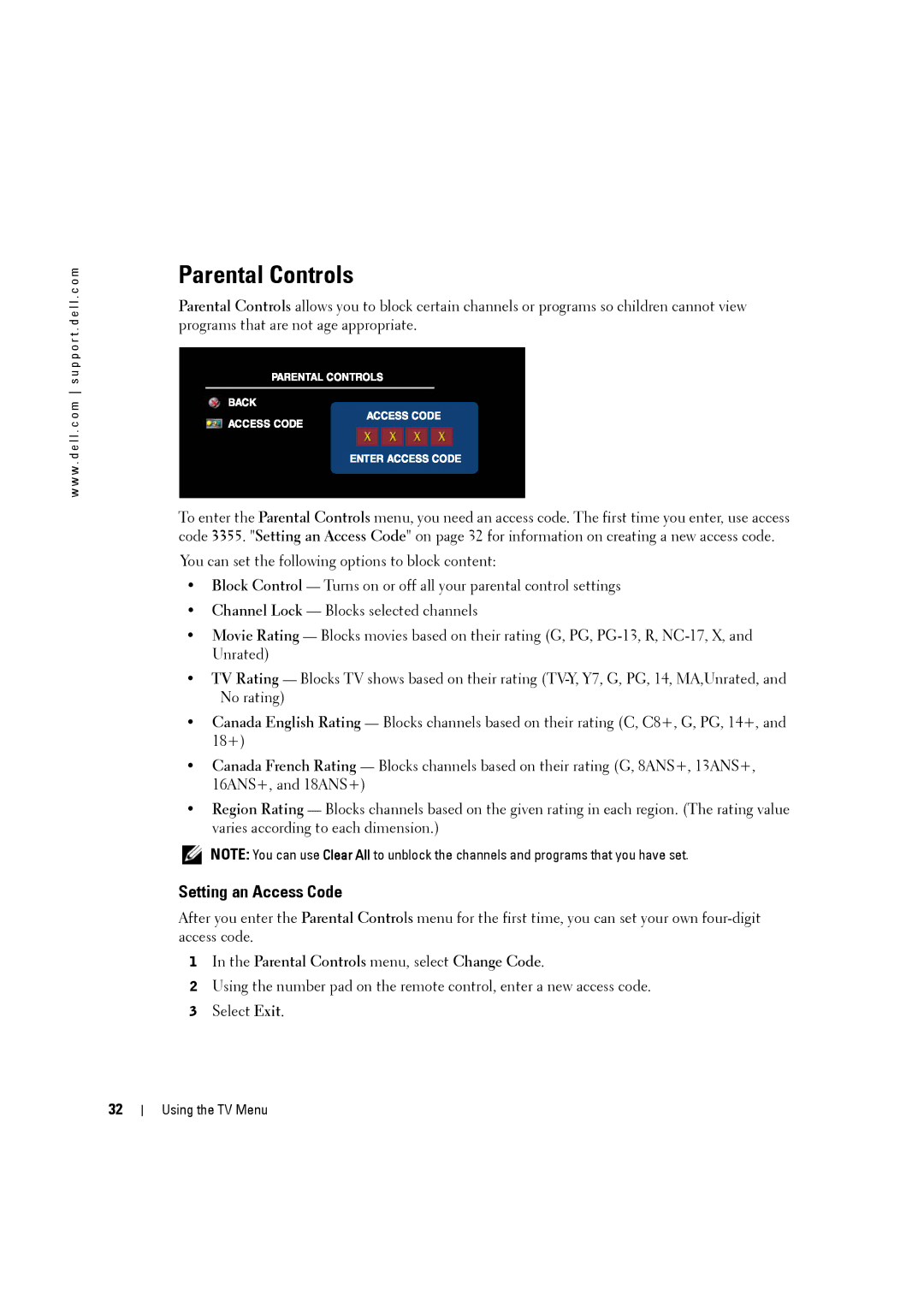 Dell W3707C owner manual Setting an Access Code, Parental Controls menu, select Change Code 