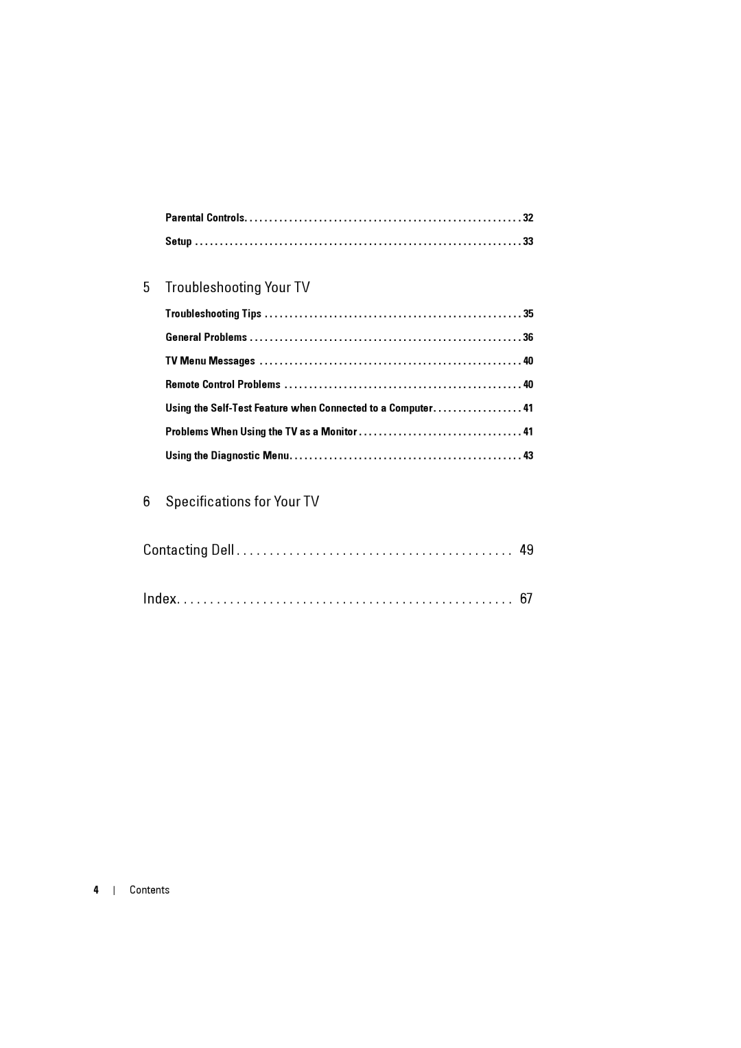 Dell W3707C owner manual Troubleshooting Your TV, Contacting Dell Index Contents 