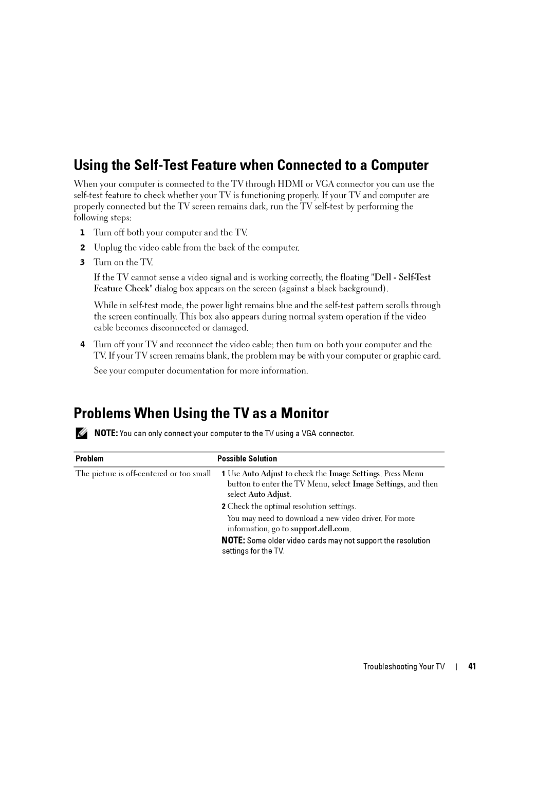 Dell W3707C owner manual Using the Self-Test Feature when Connected to a Computer, Problems When Using the TV as a Monitor 