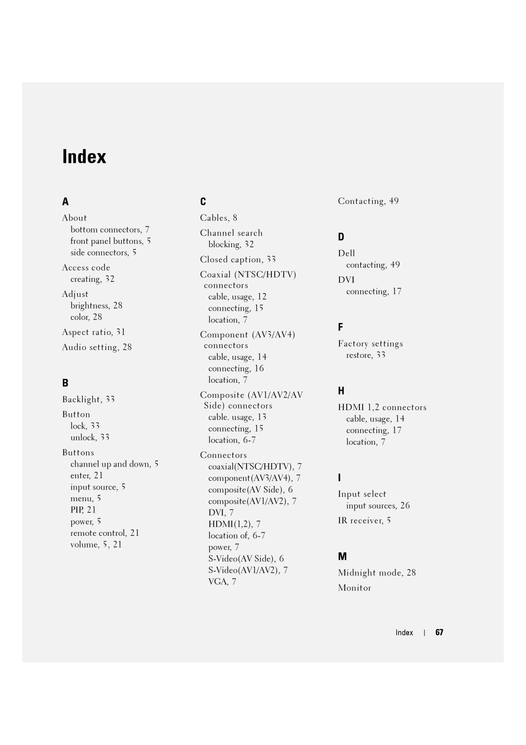 Dell W3707C owner manual Index 