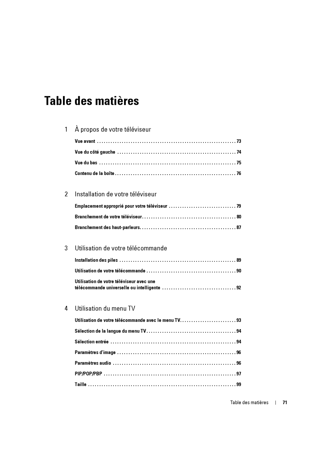 Dell W3707C owner manual Table des matières 