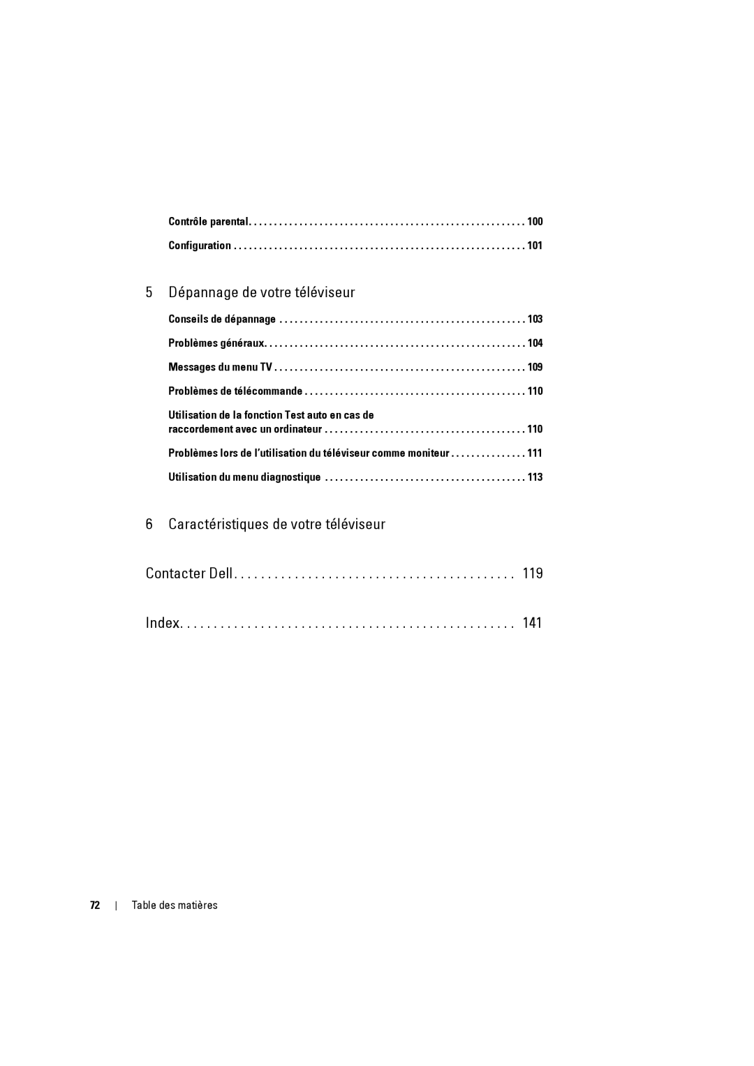 Dell W3707C owner manual Utilisation de la fonction Test auto en cas de, Contacter Dell Index Table des matières 