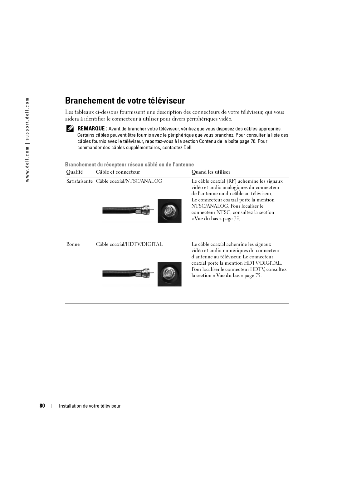 Dell W3707C owner manual Branchement de votre téléviseur, Qualité Câble et connecteur Quand les utiliser, « Vue du bas » 