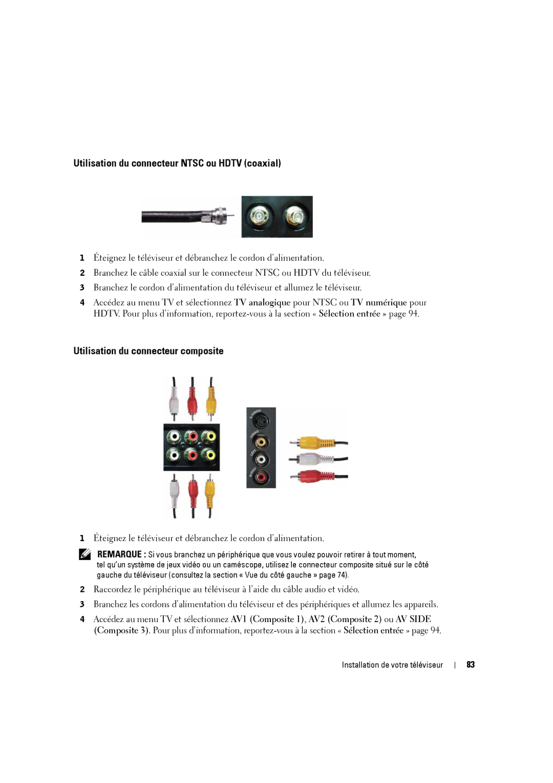 Dell W3707C owner manual Utilisation du connecteur Ntsc ou Hdtv coaxial, Utilisation du connecteur composite 