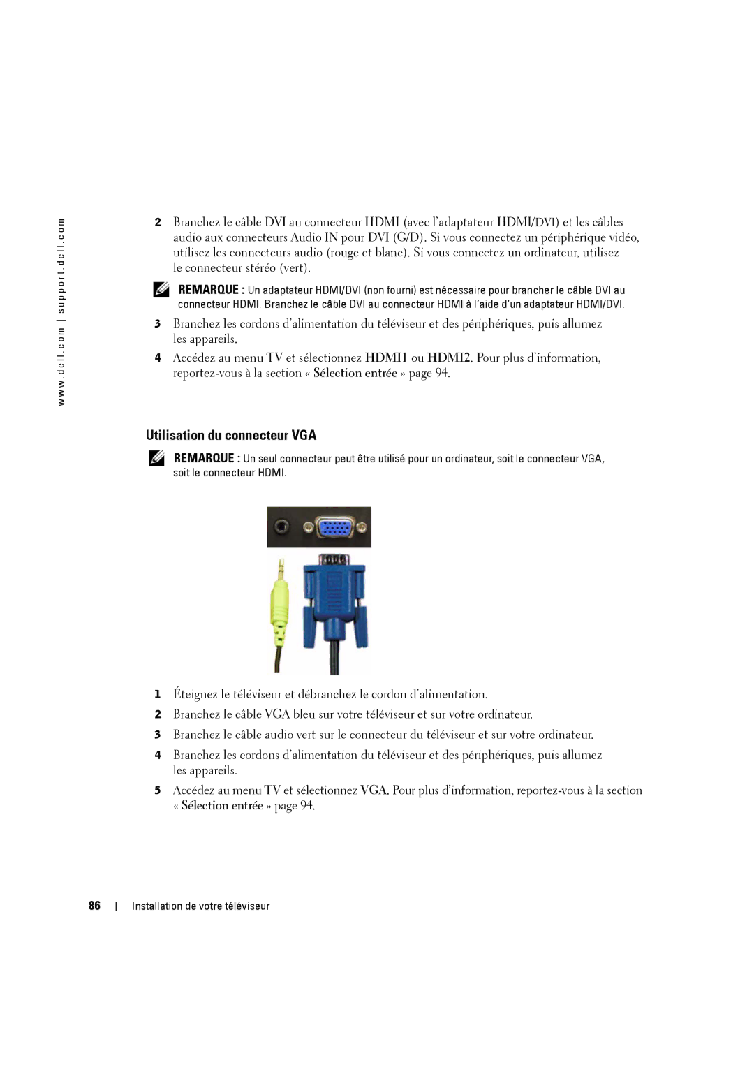 Dell W3707C owner manual Utilisation du connecteur VGA, « Sélection entrée » 