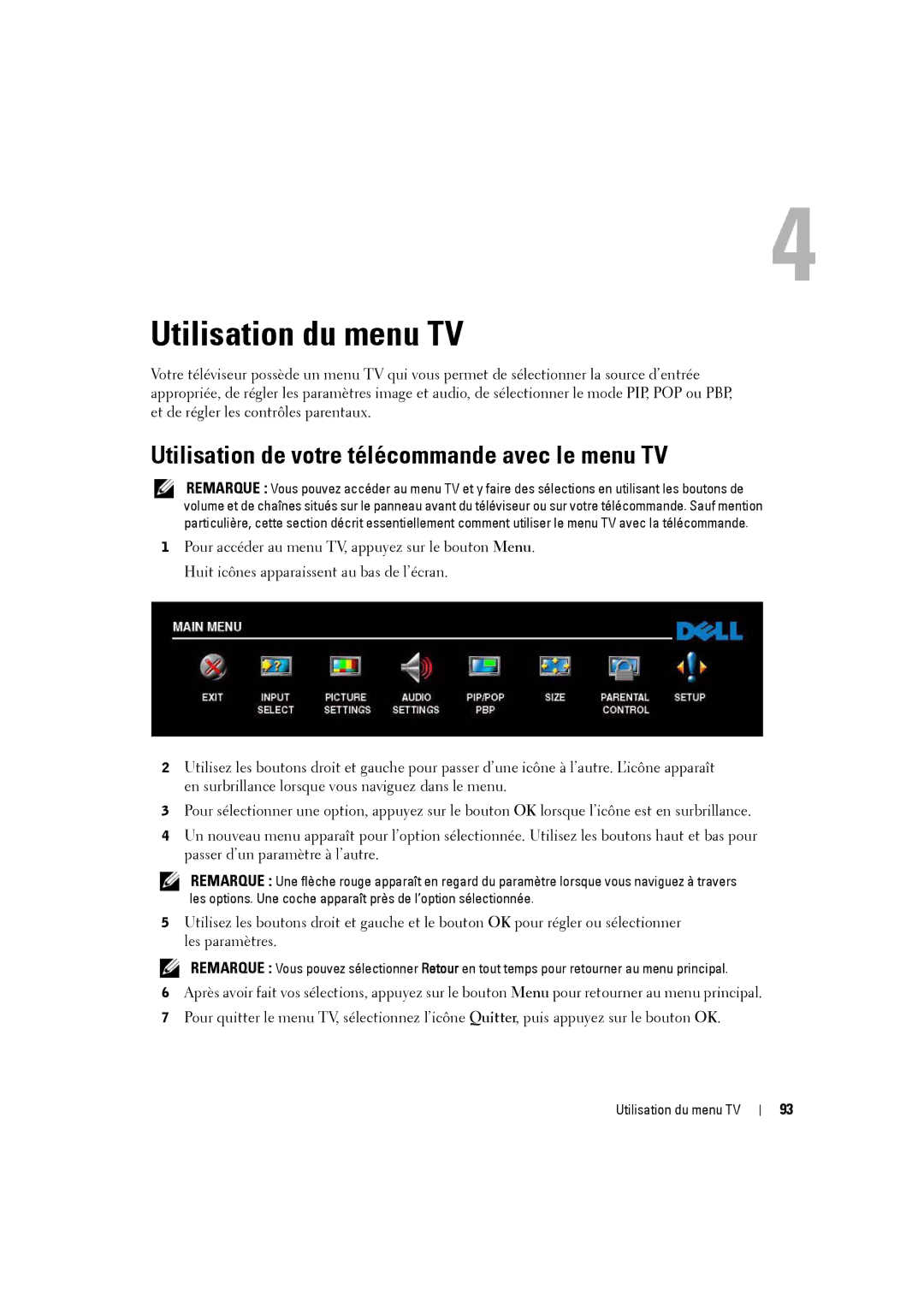 Dell W3707C owner manual Utilisation du menu TV, Utilisation de votre télécommande avec le menu TV 