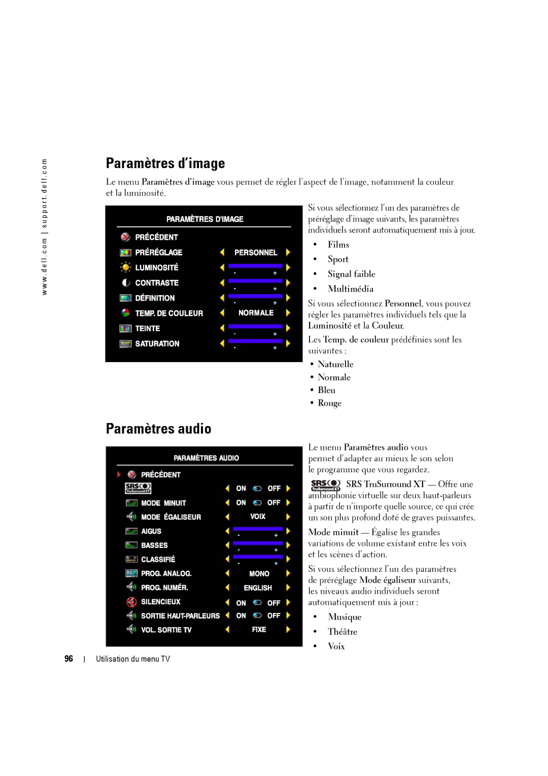 Dell W3707C owner manual Paramètres d’image, Paramètres audio, Films Sport Signal faible Multimédia, Musique Théâtre 